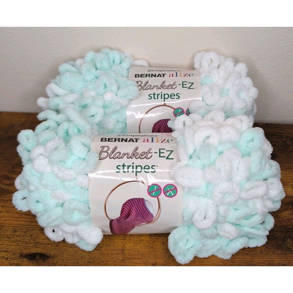 Lot of (2) Skeins Bernat Alize Blanket-EZ Stripes Peppermint, Blue & White 18 yd